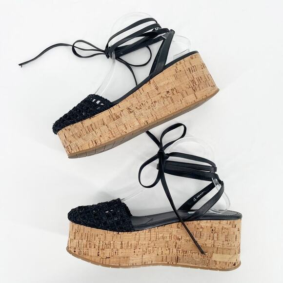 Prada Black Raffia Crochet Logo Wedge Leather Lace Up Ankle Tie Sandal IT 41 - Picture 5 of 13